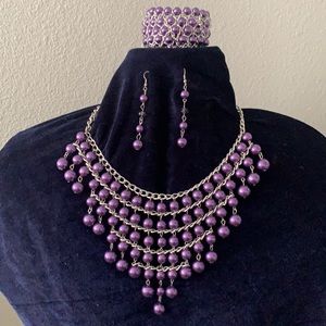 Purple bead necklace with bracelet and matching earrings